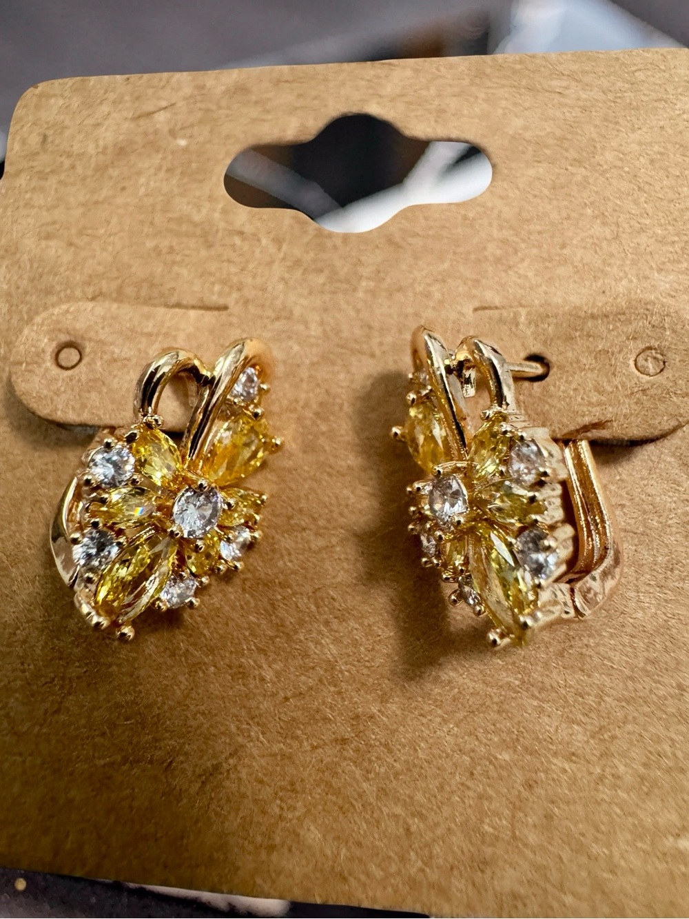 Gold-Tone Yellow Crystal Floral Clip-On Earrings